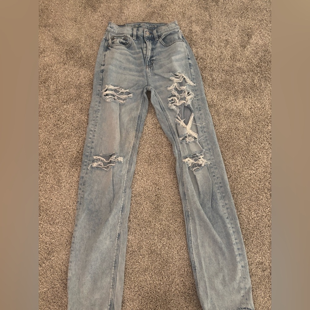 American Eagle Outfitters Ripped Light Blue Straight Leg Jeans